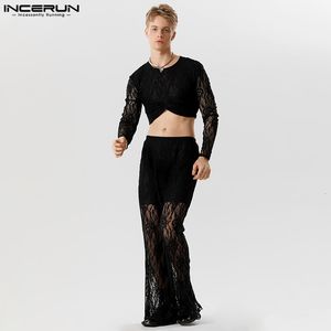 Fatos de Treino Masculino Conjuntos de Moda Masculina Renda Transparente Streetwear Oneck Manga Longa Crop Tops Calças 2PCS Sexy Ternos de Festa S5XL INCERUN 230804