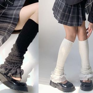 女性靴下女の子の日本語スタイルレースヘムニットニーハイブートストッキング
