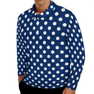 Polo da uomo Polo a pois Camicia casual da uomo blu navy e bianca Autunno Retro Colletto rovesciato T-shirt oversize grafiche a maniche lunghe