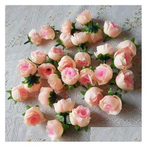 Coroas de flores decorativas atacado 100 pçs cabeças artificiais botão de rosa rosa para decorações festa de natal gota de seda entrega em casa g dhzsk