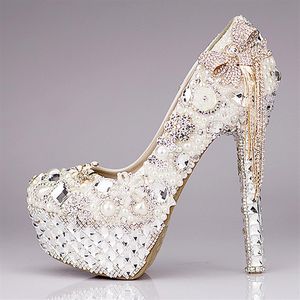 Ny 2021 Luxury Wedding Shoes Glitter Sequin Pearl Bow Formal Party Sparkling Single Diamond Bridal High Heel Shoes Em01432239V