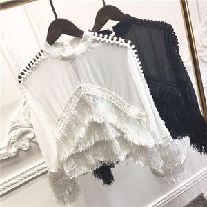 Kvinnors blusar kvinnor tofs chiffon blus svart vit runda krage långärmad jumper koreansk mode sexig dam mesh ihålig ut