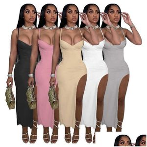 Basic Casual Dresses 2023 New Women Fashion Maxi Dress Solid Color Strappy Y Halter Sleeveless Slit Ladies Long Drop Delivery Appare Dhmrc