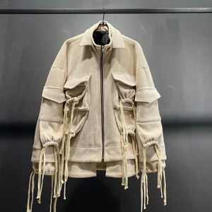 Men's Jackets Multi-pocket Floating Rope Knot Niche Design Jacket High Quality Stylish 2024 Coat Street Techwear Trendy Corduroy