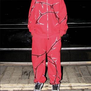 Mens Tracksuits Autumn Men Women Red Tracksuit Suit Oversized Zipper Hoodie and Drawstring Trousers 2 Piece Sets Grunge Graphics Streetwear 580