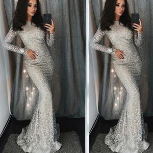 Silver Evening Dress Long Sparkle 2022 Nya High Neck Women Elegant Straps Sequin Mermaid Maxi Prom Party Gown Dress Abendkleider238G