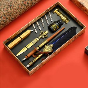 Fountain Pens Sprinkling Gold Vintage Feather Pen Set Luxury Fountain Pen Ink Bottle Calligraphy Writing Dip Pen Nib Quill Birthday Gift Box 230804