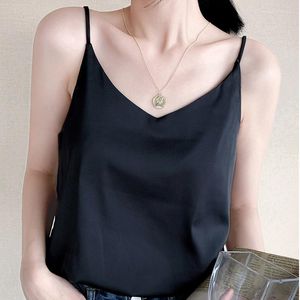 Kvinnors tankar Kvinnor Vest Korean Silk Topps Satin V-Neck Tank Woman ärmlös Sexig Office Lady Camisole Elegant