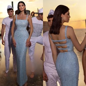 Sky Blue Mermaid Evening Dresses Sequins Pearls Straps Formal Party Prom Dress Backless Red Carpet Long Dresses for special occasion