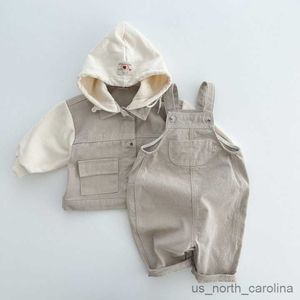 재킷 2023 가을 새 아기 후드 코트 어린이 캐주얼 데님 코트 패션 소년 홈 유아 여자 줄무늬 겉옷 아이의 옷 r230805