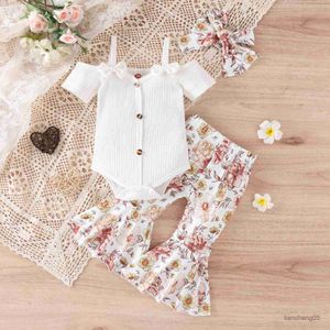 Clothing Sets Infant Newborn 3Pcs Baby Girl Spring Outfits Short Sleeve Cold Shoulder Romper Flare Headband Set R230805