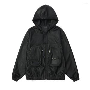 Men's Jackets Black Retro PU Leather Hooded Jacket Three-dimensional Pocket Casual Loose Couple Street Hip-hop Motorcycle Tops