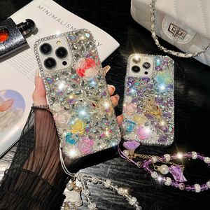 Obudowy kwiatów 3D Rose dla iPhone'a 15 plus 14 pro Max 13 12 11 x xr xs 8 7 Modna bling diamond luksus shinny twardy komputer akrylowy tpu rhinestone urocze cudowne okładka Pearl Pasp