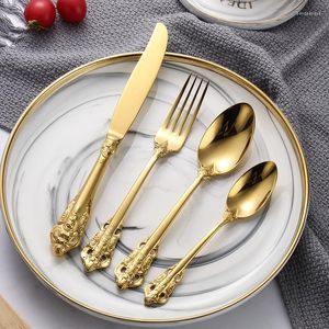 Geschirr-Sets, Vintage-Western-Gold-plattiertes Besteck, 4-teiliges Speisemesser, Gabeln, Teelöffel-Set, goldenes Luxus-Gravur-Geschirr