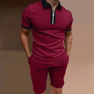 Polo da uomo Tuta da uomo Polo Tuta Casual Streetwear Patchwork Cerniera Polo manica corta Pantaloncini Traspirante Set 2 pezzi S-3XL 230804