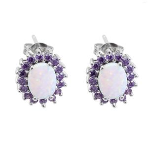 Studörhängen Hainon Luxury White Fire Opal for Women Purple Zirconia CZ Oval Silver Color Wedding Jewelry