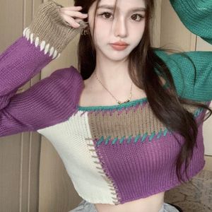 Women's Sweaters Spring Autumn Retro Knitted Sweater Pullover Women Korean Fashion Square Collar Long Sleeve Crop Tops Color Block Stretch