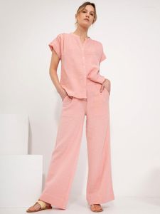 Women's Two Piece Pants Pink Cotton Linen 2 Set For Women Chic O-neck Short Sleeve Shirt And High Waist Leg Suit 2023 Summer Casual Holiday