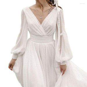 Casual Dresses 2023 Spring and Summer Cross-Model Women's Pure White Long-Sleeved V-Neck Open Back Big Swing Dress Sexy