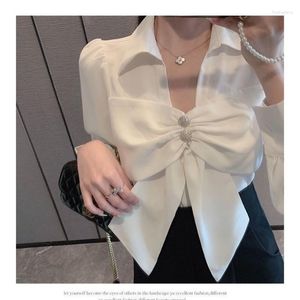 Frauen T Shirts V-ausschnitt Langarm Blusen Kleidung 2023 Koreanische Mode Weiß Damen Tops Elegante Bogen Chiffon Blusas De mujer