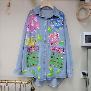 Jaqueta Feminina Pintada à Mão Graffiti Diamantes Camisas Denim Frisadas Calça Jeans De Comprimento Médio Com Lantejoulas Cowboy Cardigan Tops 230804