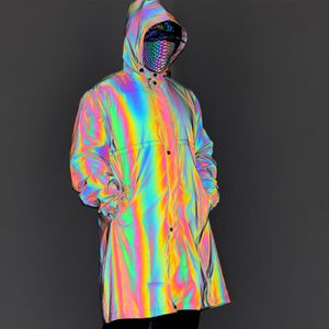 Trench da uomo Custom Uomo Unisex High Street Rainbow Reflective Giacca con cappuccio Giacca a vento Dust Coat 230804