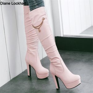 Boots Autumn Winter Knee High Boots Women Fashion Pink White Black Stiletto Heel Long Booties Ladies Chain Platform Boats Mujer 230804