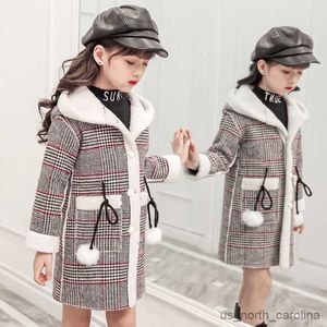 Jackets Fall/Winter 2023 girls woolen jacket fashion stitching plaid design girl's long coat girl kids coat 4-12 years old R230810