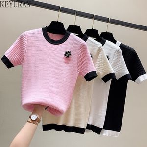 Kvinnors tröjor Pärlor Flower Thin Short Sleeve Sweater Women Sticked Tshirt Korean Oneck Office Lady Elegant Black White Pullover Jumper Top 230804