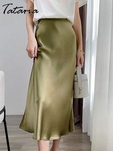スカート女性のためのサテンシルク2023夏の韓国ファッションバルクミディライン長い美しいグリルスカートブルーハイウエスト女性230804