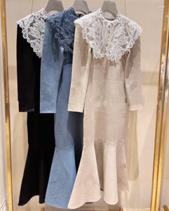 Sıradan elbiseler dutrieux çıkarılabilir dantel standı boyun coble femme japon vestidos de mujer zarif düz renkli uzun kollu ince örgü