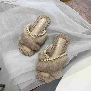 Slippers Apanzu Winter Warm True Fur Slider Women's Beaded Sequins Shiny Plush Women's Shoes Women's Fur Natural Rabbit Hair Shoes Z230805