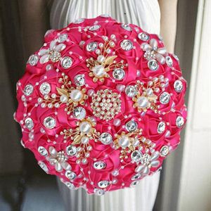 Decorative Flowers 1pc/lot Rose Red Ribbon Wedding Bridal Bouquets With Diamond For Decoration