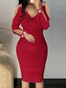 Vestidos casuais femininos bodycon dress outono moda decote em v profundo saia plissada bolsa quadril fora do ombro sexy dobras midi baile de finalistas para mulheres vestido