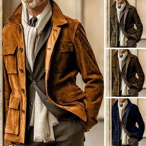 Męskie okopy płaszcze jesienne kurtka Cowhide Velvet Business Casual Cargo Wojskowy Multi Pocket and Chaqueta Hombre 230804