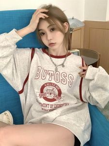 Women's Hoodies Winter Clothes Women Sweatshirts Long Sleeve Sweater Vintage Letter Printed Off Shoulder Pullovers O-Neck Kpop Loose TOP