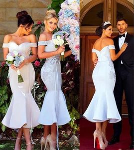 Modest Tea Length Mermaid Bridesmaids Dresses 2023 Off Shoulder Open Back High Appliques Short Country Maid Of Honor Party Prom Gowns Cheap