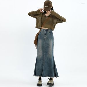 Skirts 2023 Spring Autumn Womens Fishtail Denim Skirt Women Mid Ankle Length Long High Waist A-line Jean Female