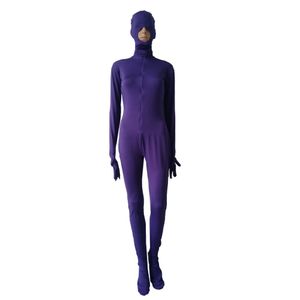 Kvinnors CatSuit Halloween Cosplay Costumes Purple Color Spandex Jumpsuits Front Zipper kan avtagbar huva