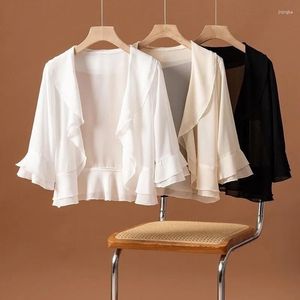 Women's Jackets Solid Color Ruffle Sleeve Cardigan Coat 2023 Summer Chiffon Outdoor Sunscreen Clothing Fashion Splice Jacket Female