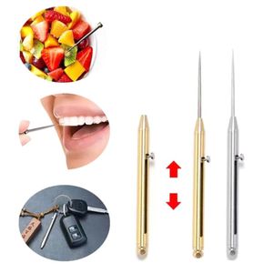 Palito de dente portátil liga de titânio ferramenta de acampamento edc palito de dente retrátil garfo de frutas chaveiro pingente presente ferramentas de limpeza de dente