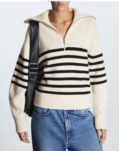 Women's Sweaters Fall 2023 Casual-fit Open-neck Knit Shirt Vintage Striped Loose Commuter Big Lapel Sweater