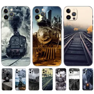 Retro Train Track iPhone 15 için Yumuşak TPU Kılıfı 14 Pro MAX 13 12 11 XR XS 8 7 iPhone15 I15 Telefon14 Moda Eski Mobil Cep Telefonu Arka Kapak Cilt