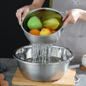 Bowls Stainless Steel Round Basin Vegetable Fruit Drain Pot Household Whisking Salad Mixing Bowl Tableware Kitchen Portable Utensils