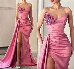 Arabisk vattenmelon aftonklänning sexig älskling front split pleats ruffles långa prom formella klänningar pärlor kristaller mantel de soiree 2023 ny