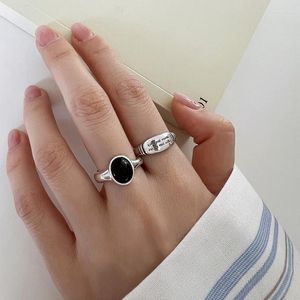 Cluster Rings 925 Sterling Silver Simple Retro Oval Black For Women Geometric Fashion Smiple Open Handmade Allergy Party Jewelry Gift