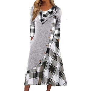 Womens Checkered Printed Stitching Button With Pockets Long Sleeve Dress A Pile Of Collars