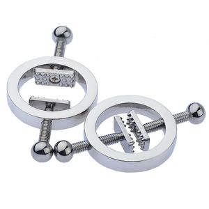 Brinquedos para adultos 2 peças de grampos de mamilo sensuais de aço inoxidável redondos ajustáveis Conjunto de grampos de corpo feminino SM brinquedo sexual sem piercing 230804