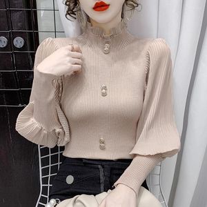 Women's Sweaters 2023Vintage Half High Collar Sweater Chiffon Stitching Long Ruffles Sleeve Single Breasted Fall Knitted Female Fashion Top