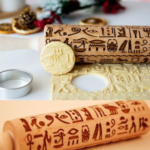 Rolling Pins Pastry Boards Arjmide Egyptian Hieroglyphs Embossing Pin with Pattern Cookies Decorating Roller Laser Engraved For Baking 230804